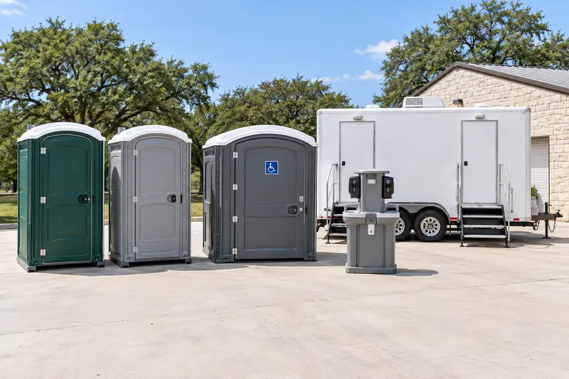 Portable toilets, washing and restroom trailer lineup